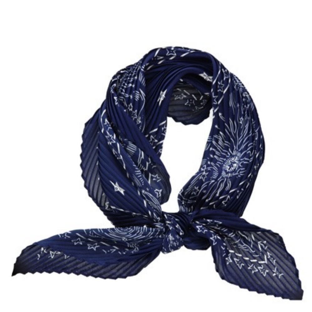 Pleated scarf with star design. Navy and white. NWOT. 100% polyester
